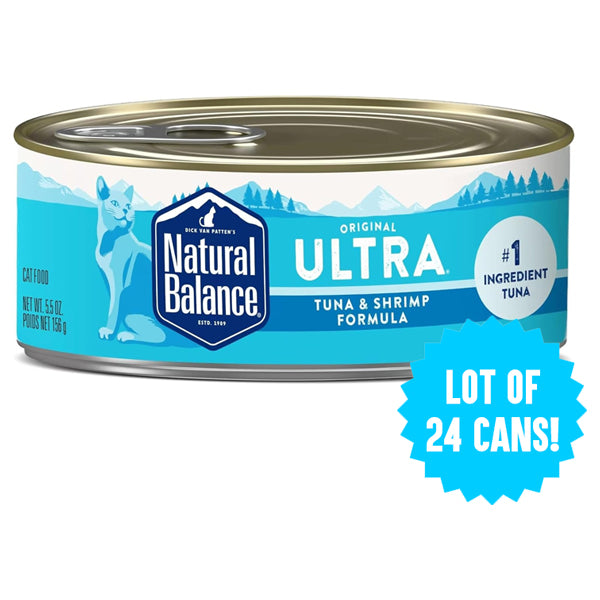 A 24-count pack of Natural Balance Tuna and Shrimp canned cat food (5.5oz), featuring real shrimp as the #1 ingredient.